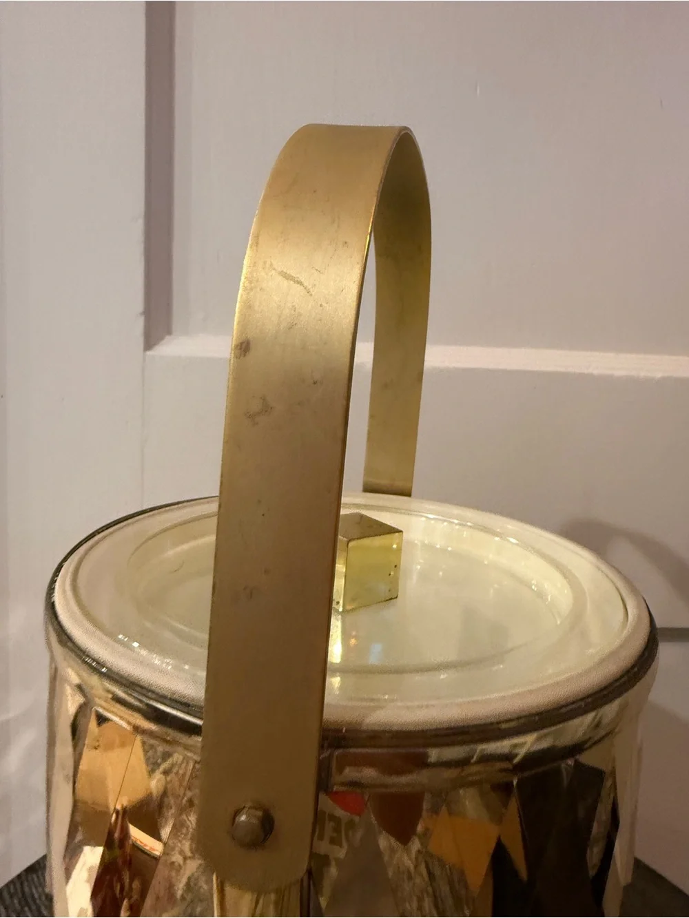 Vintage MCM Gold Diamond-Patterned Ice Bucket with Handle George Briard